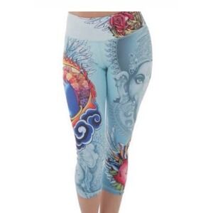 Luna Jai Capri Leggings Small Blue Ganesha Rose Athletic Yoga‎ Gym Elastic Waist